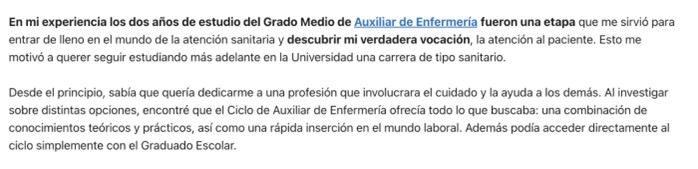 Opinión alumno 1 sobre el Grado Medio de Auxiliar de Enfermería