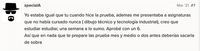Opinión alumno 1 sobre cómo de difícil es la prueba de acceso al grado superior