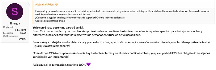 Opinión alumno 1 sobre las asignaturas del grado superior en integración social