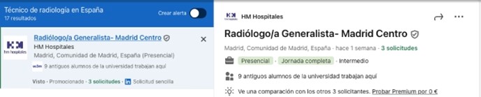 Oferta de trabajo en LinkedIn para "técnico de radiología" en Madrid. Octubre 2024