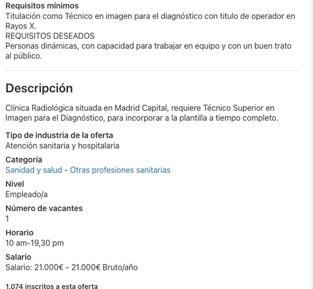 Oferta de trabajo en Infojobs de "Tecnico de Rayos X". Octubre 2024