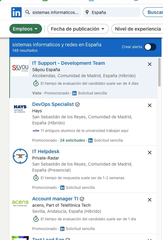 ofertas empleo sistemas informaticos y redes en LinkedIn