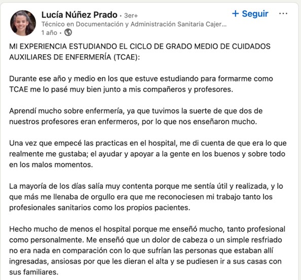 Opinión alumno 4 sobre el Grado Medio de Auxiliar de Enfermería