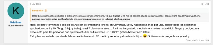 Opinión alumno 2 sobre el Grado Medio de Auxiliar de Enfermería
