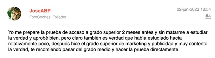 Opinión alumno 4 sobre cómo de difícil es la prueba de acceso al grado superior