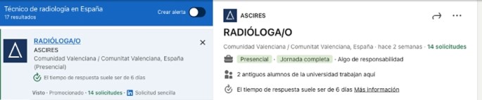 Oferta de trabajo en LinkedIn para "técnico de radiología" en Madrid. Octubre 2024