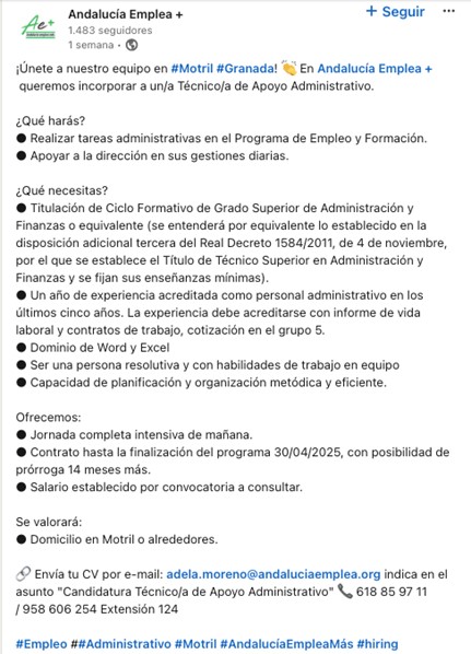 oferta trabajo tecnico superior administracion de empresa particular